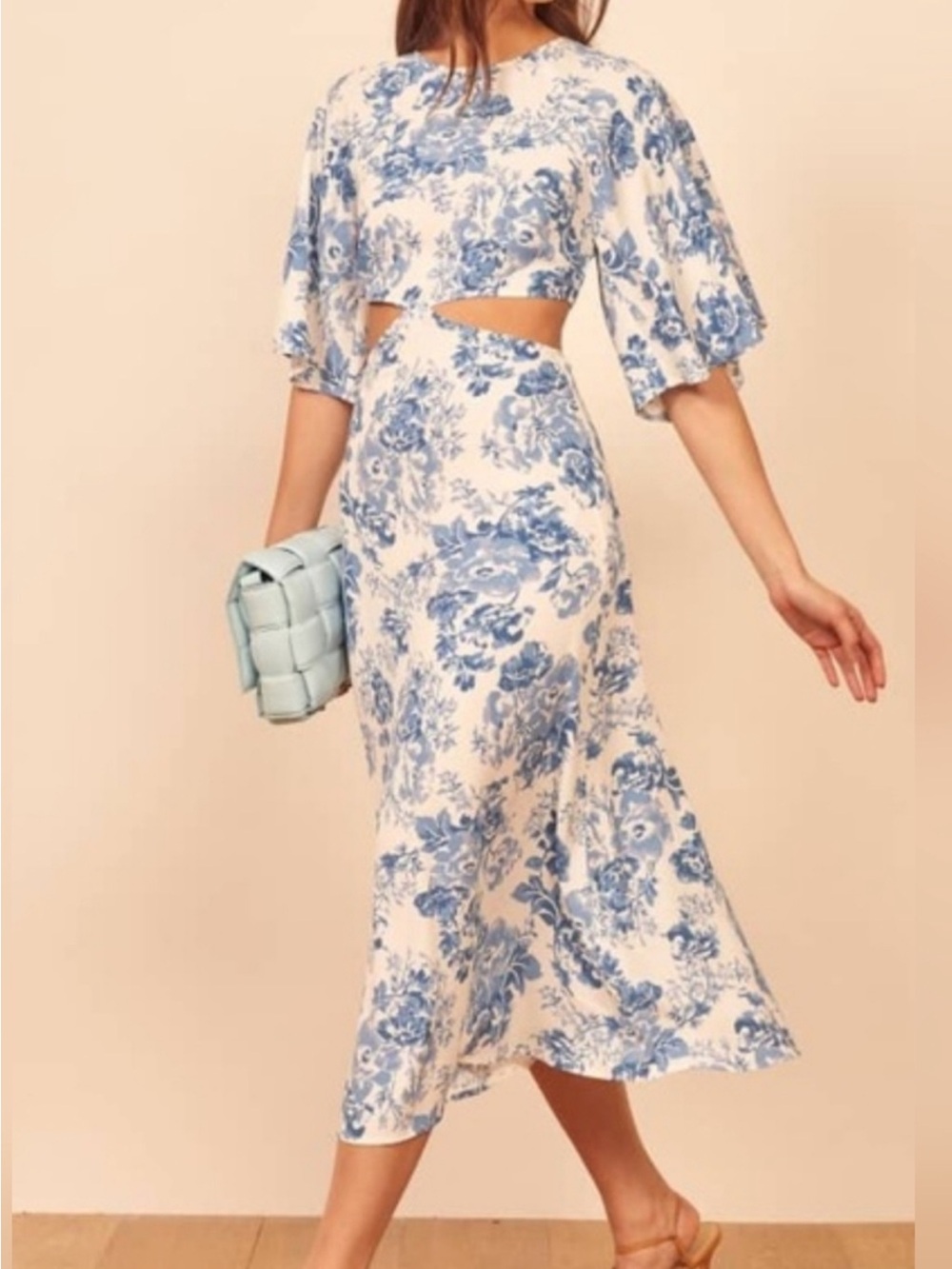 Reformation Benny Midi Dress Olympia Blue Floral Cutout Flutter Sleeve Dress -4